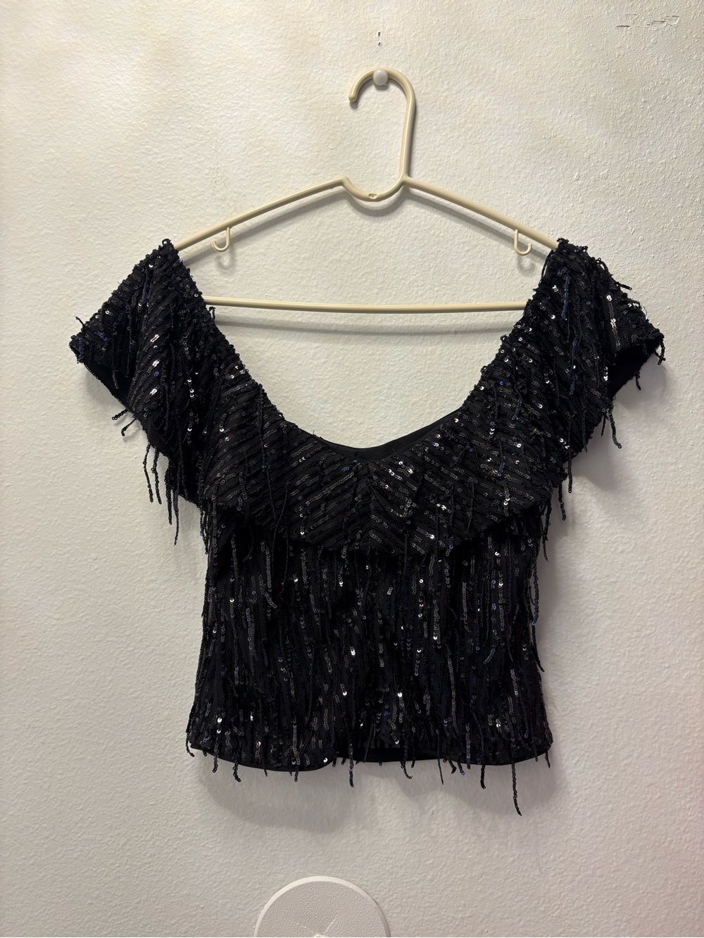 NBD Black Sequin Fringe Off-Shoulder Crop Top